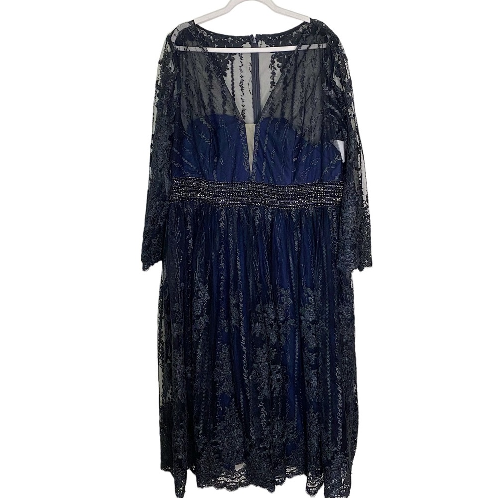 Mac Duggal Midnight Blue Black Lace Faux Wrap Illusion Long Sleeve Gown Size 22W - Picture 3 of 8